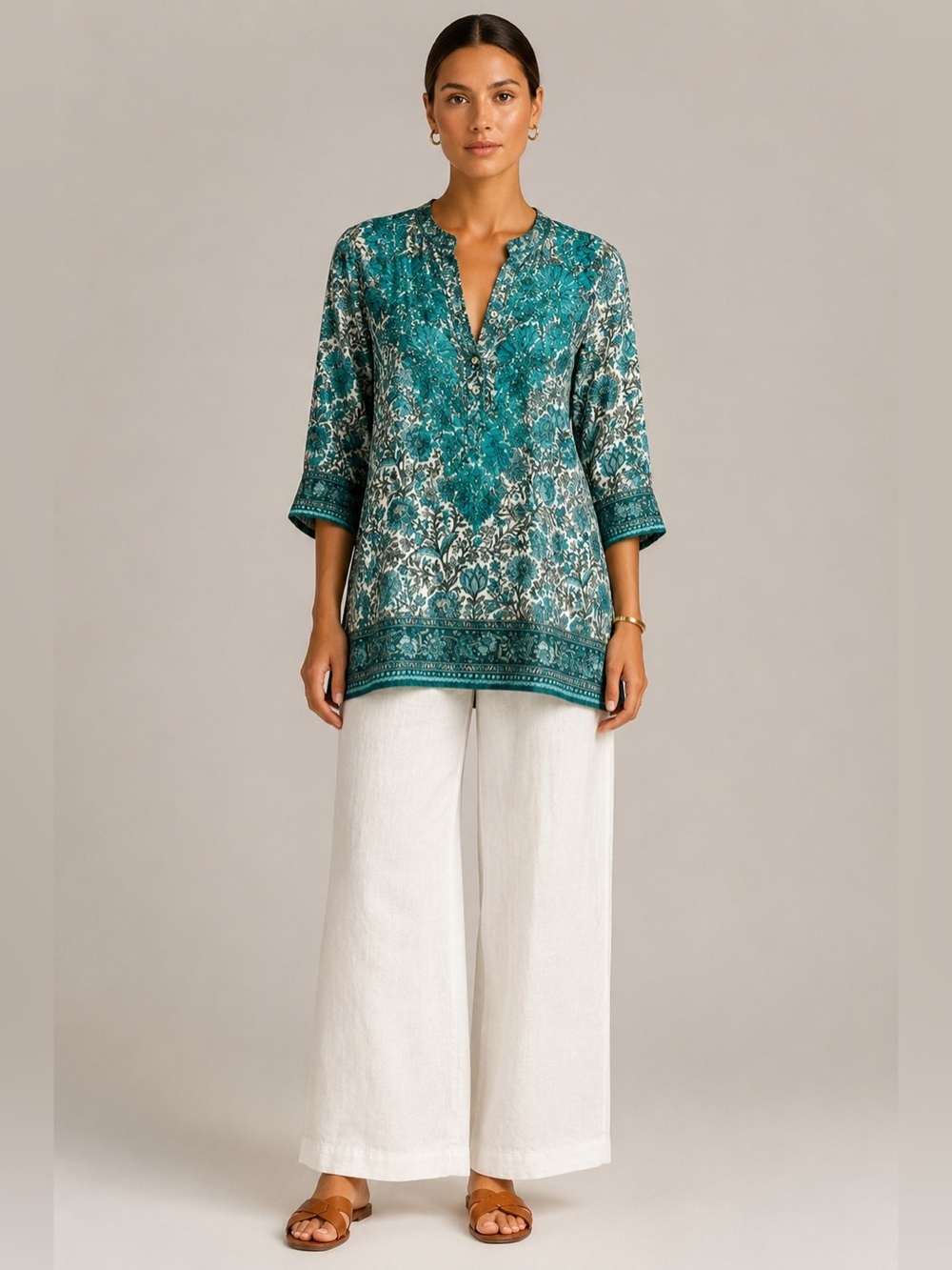 Silk Blend Hand Embroidered Blue Green Boho Print Floral Quarter button tunic. S